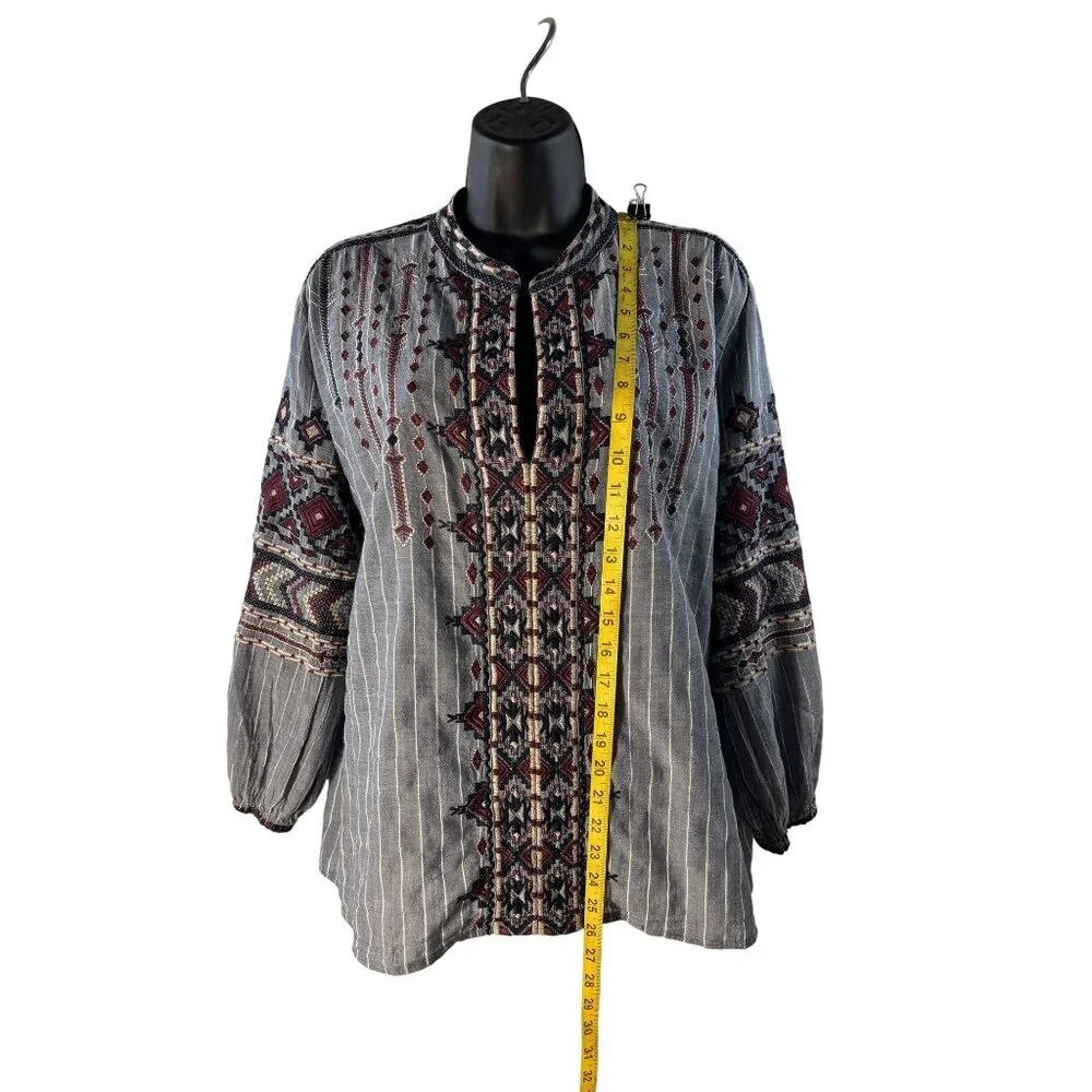 Johnny Was Womens Embroidered Boho Tunic Top Blue Red Long Sleeve Size M - Picture 6 of 10
